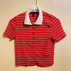 Red and white striped shirt w, white collar